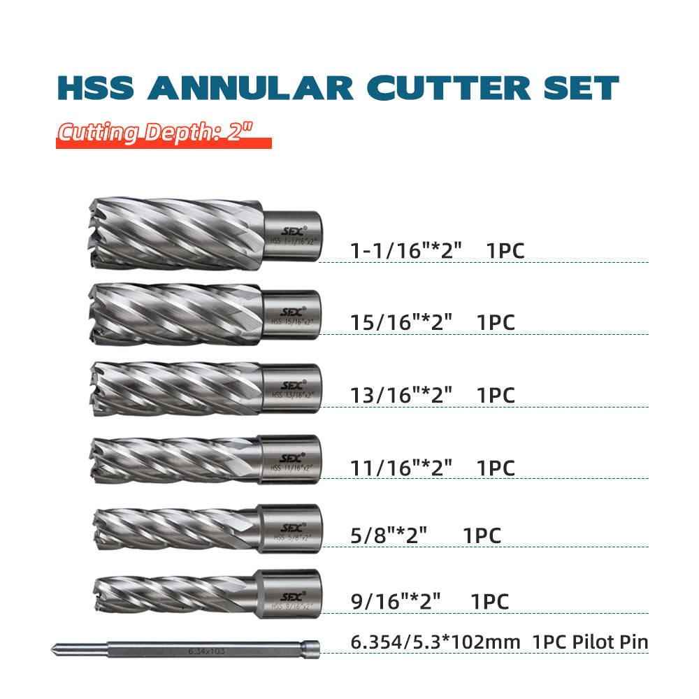 LYXCTECH US STOCK M2AL Annular Cutter Set 6pcs Cutting Depth 2'' With 1PC Pilot Pin