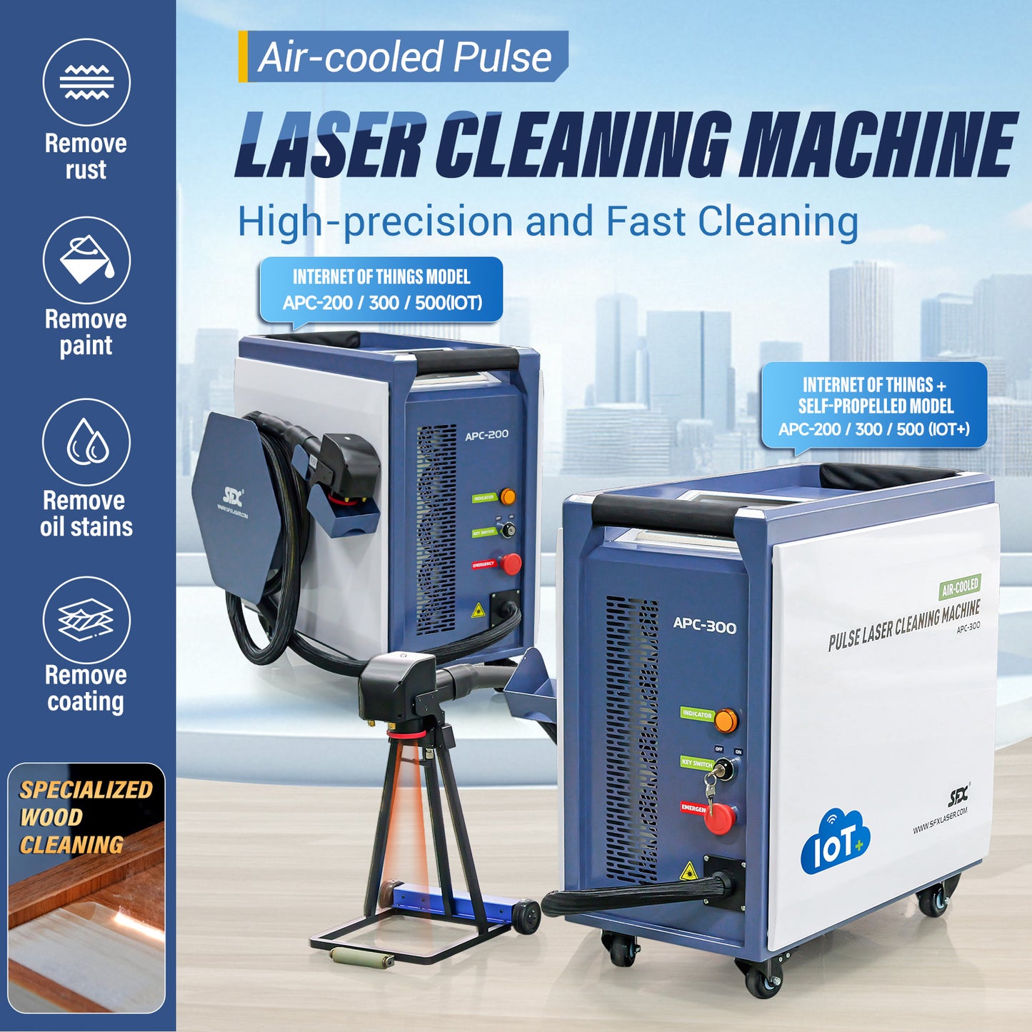 Máquina de limpieza láser pulsada refrigerada por aire SFX, máquina limpiadora láser portátil de 300/500 W